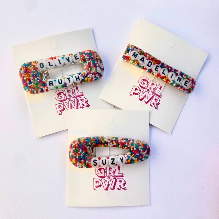 Confezione campione di fermagli per capelli Rainbow Sprinkles personalizzati per la vendita all'ingrosso da parte di GRL PWR Jewelry