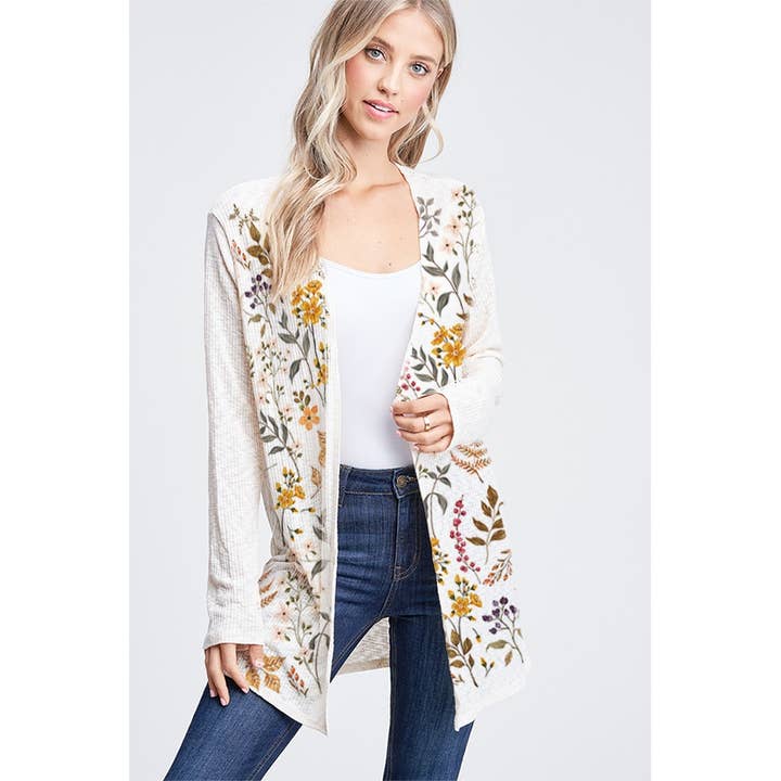Fall floral print rib long sleeve cardigan for wholesale by Phil Love