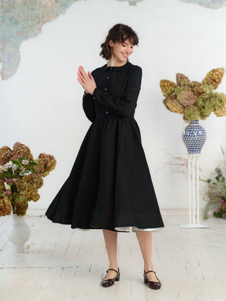 Night Garden Classic – Midi Linen Dress with Peter Pan Collar for wholesale on Faire23