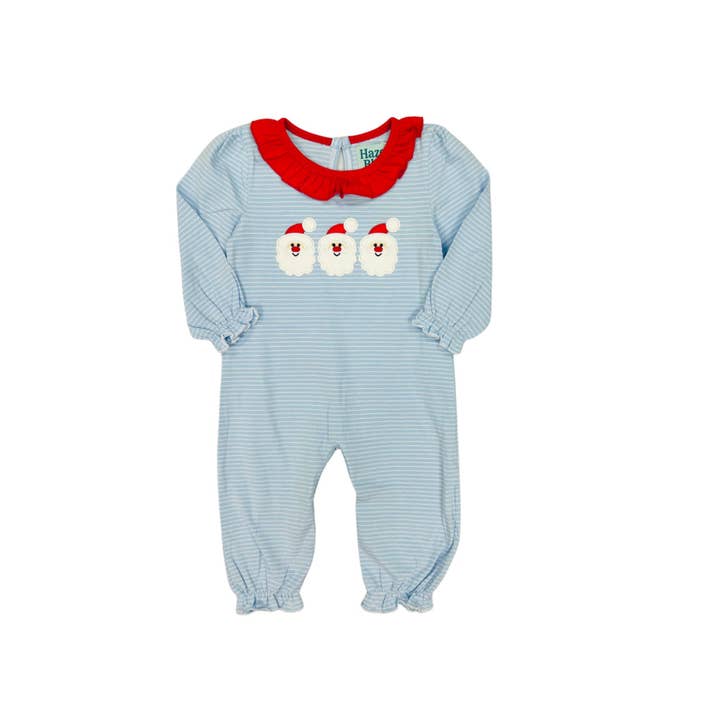 Hazel Blauw Blauw Gestreepte Kerstman Applicatie Ruffle Romper voor wholesale door Hazel Blue Wholesale
