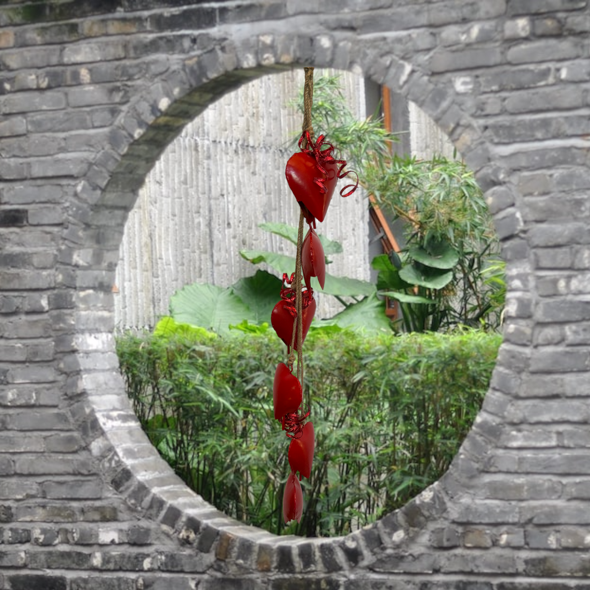 Wilco Home - Wholesale Bell - Six Piece Valentine's Heart Bell Chime Pendant on Jute Rope2