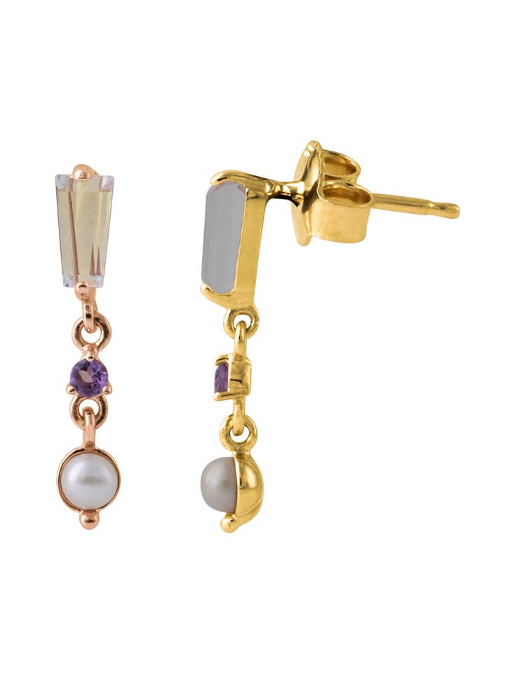 Boucles d'oreilles en argent, plaquées or 18 carats, avec cristal de roche, améthyste et perle de culture. pour la vente par Campur GmbH