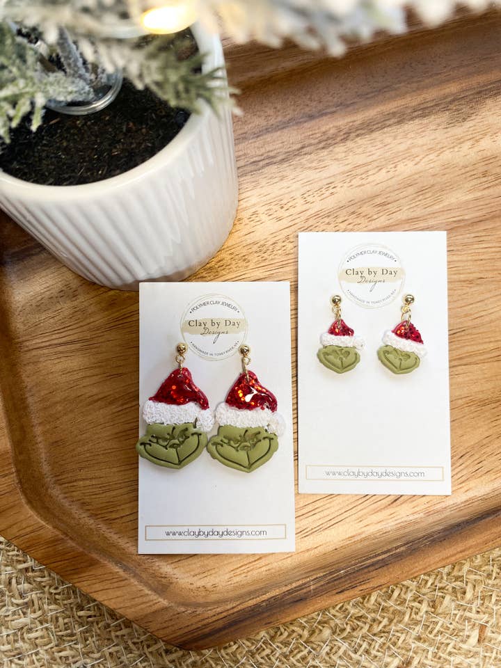 Mean One Grinch - Winter Christmas Polymer Clay Earrings for wholesale by Clay by Day Designs