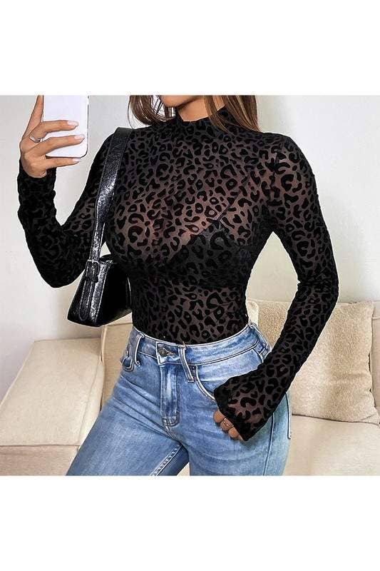 BLACK leopard mesh long sleeves bodysuit for wholesale on Faire4