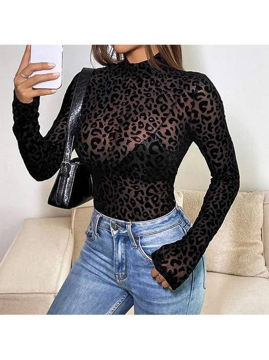 BLACK leopard mesh long sleeves bodysuit for wholesale on Faire4