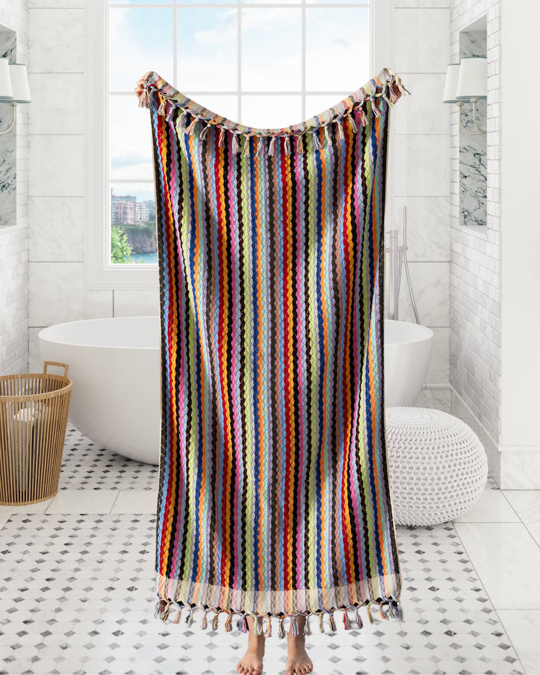 Kikoya - Vendita all'ingrosso Asciugamani da bagno - Asciugamani da bagno turchi a zigzag fatti a mano Pompom Decorazione rustica1