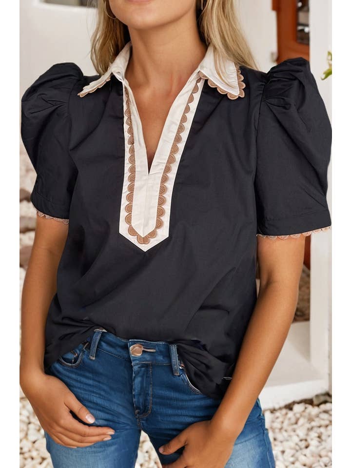 Black LDC Color Block Patchwork Shirt Collar Short Sleeve Blouse for wholesale on Faire