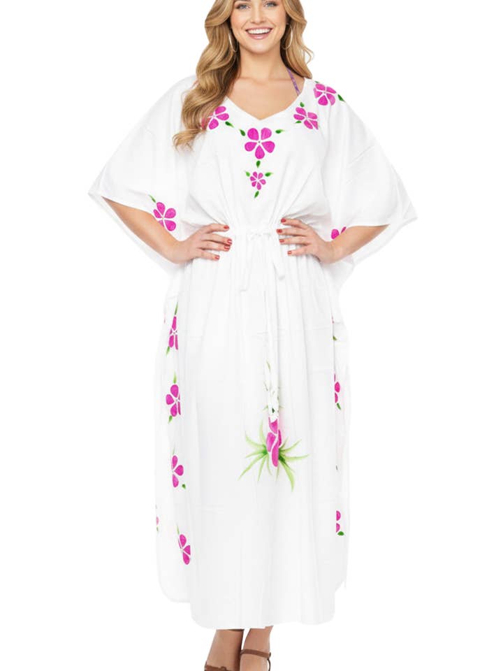 LA LEELA Women's Floral Caftan White Long Dress P08508 for wholesale by LA LEELA \ HAPPY BAY