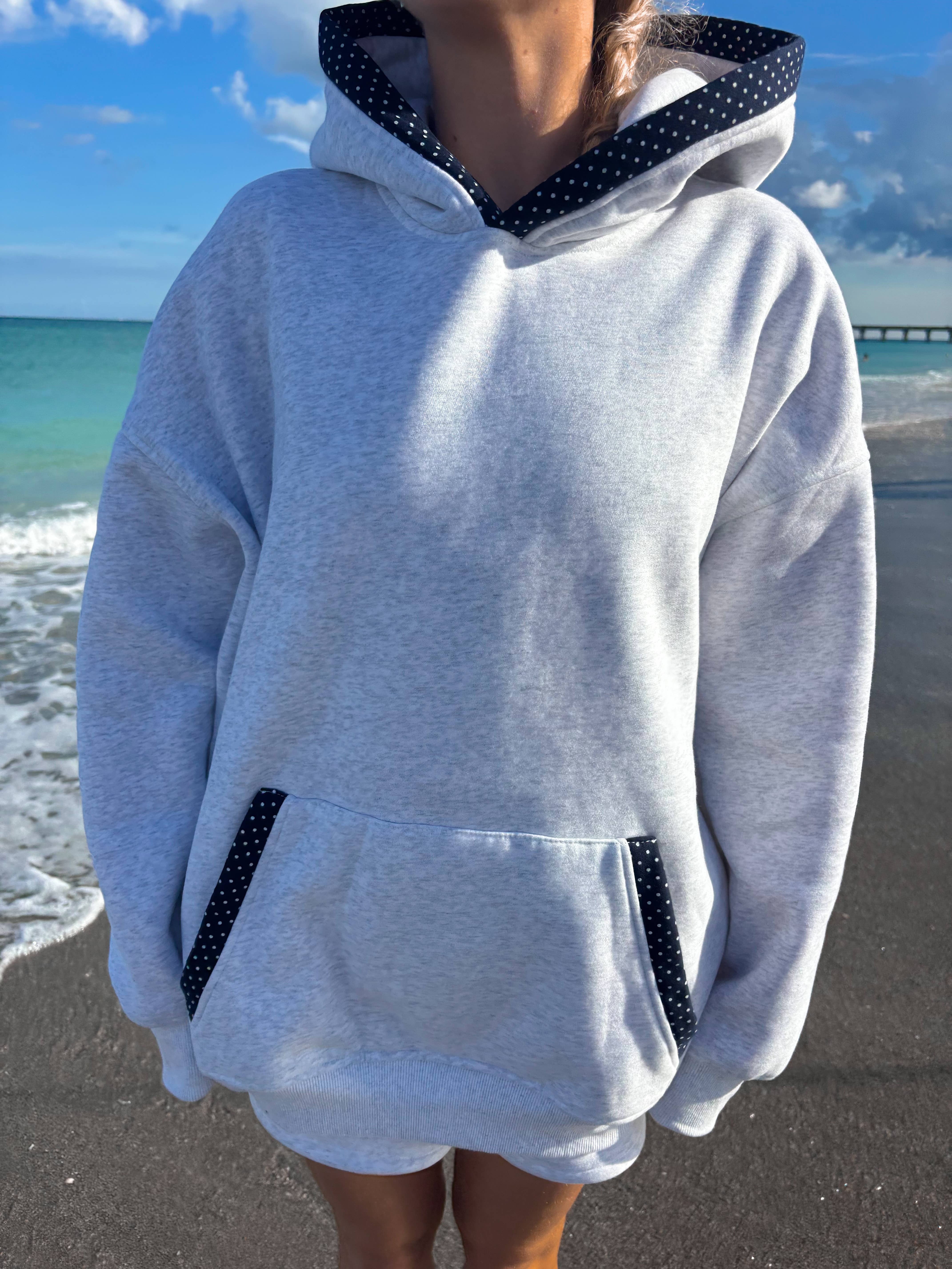 Sunkissed Coconut - Wholesale Hoodie - Women's - Pearl Grey Navy Blue Polka Dot Hoodie8