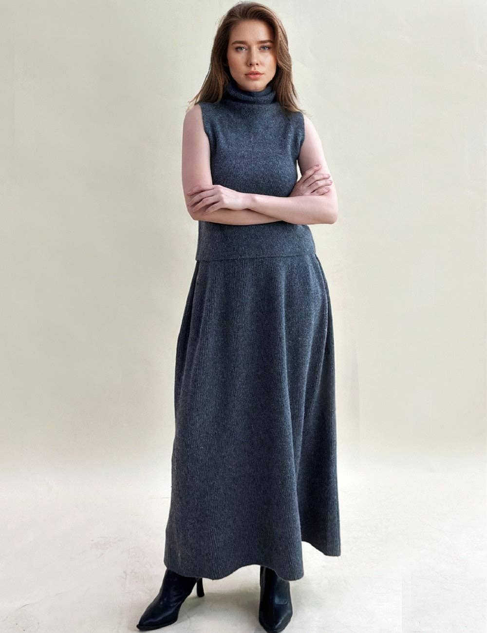 Sweetkama - Vendita all'ingrosso Completo top e gonna - Donna - Set maglione in maglia da donna in tinta unita 3 pezzi 0778