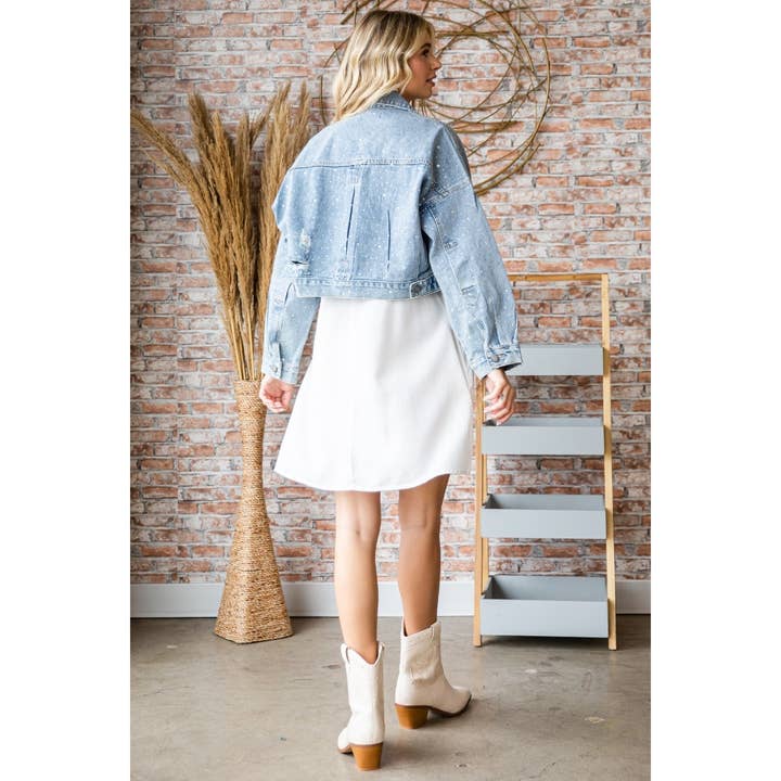 Med Wash Kort spijkerjack met strass en studs voor groothandel op Faire10