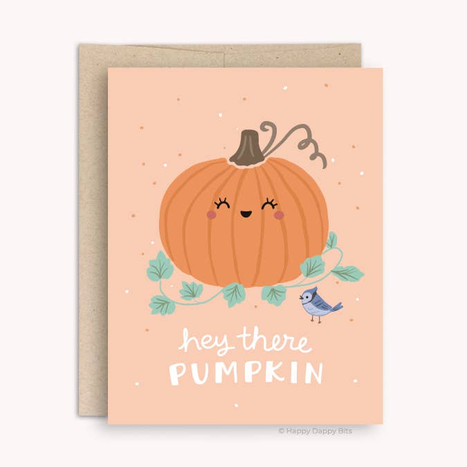 Hey There Pumpkin Card, Cute Fall Hello Card for wholesale by Happy Dappy Bits