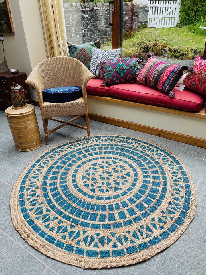 MANDALA Pattern Round Turquoise Rug Jute with Block Print for wholesale by Second Nature Online