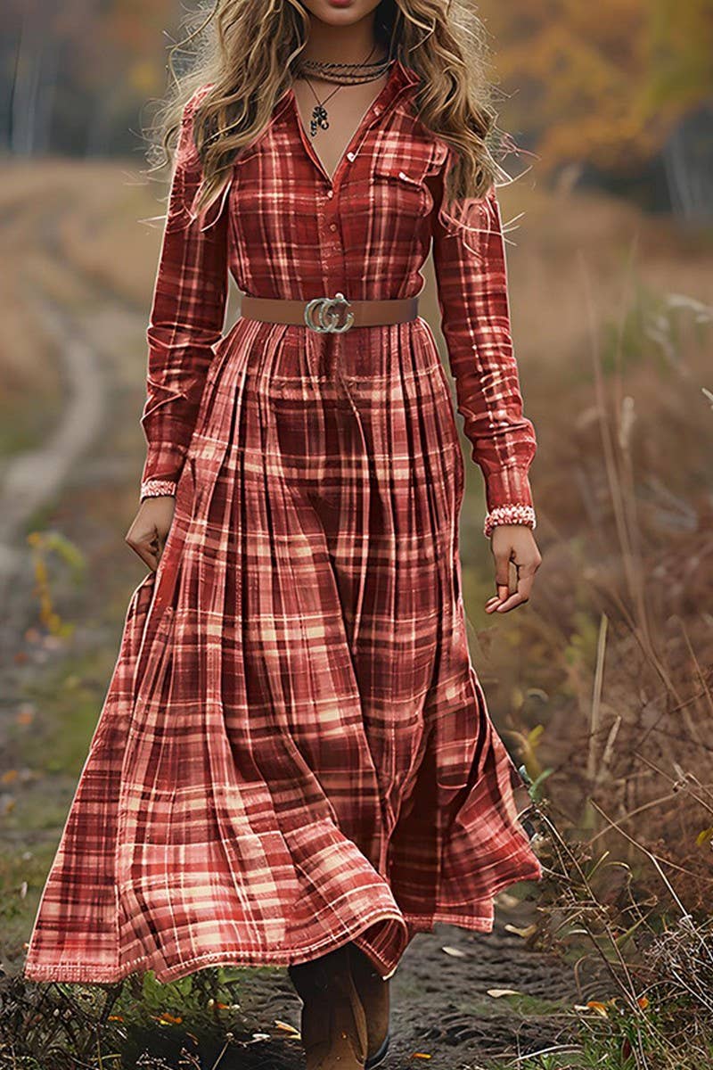 RED CWDMD01367_VINTAGE PLAID FLORAL V-NECK LONG SLEEVE DRESS for wholesale on Faire1
