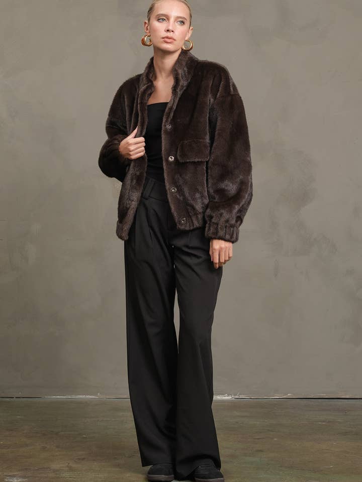Faux Fur Button Jacket - Brown/Charcoal - RJ1089 for wholesale by RAISONNEL