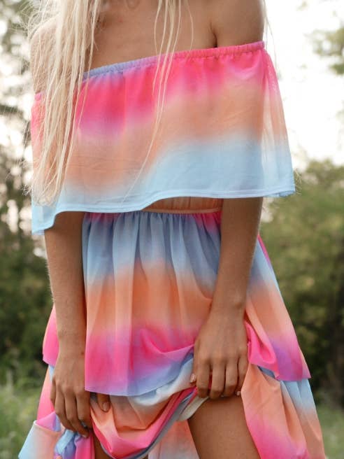 ISD1211B Rainbow Kjole Off-Shoulder Orange Blå for engroshandel hos If She Loves