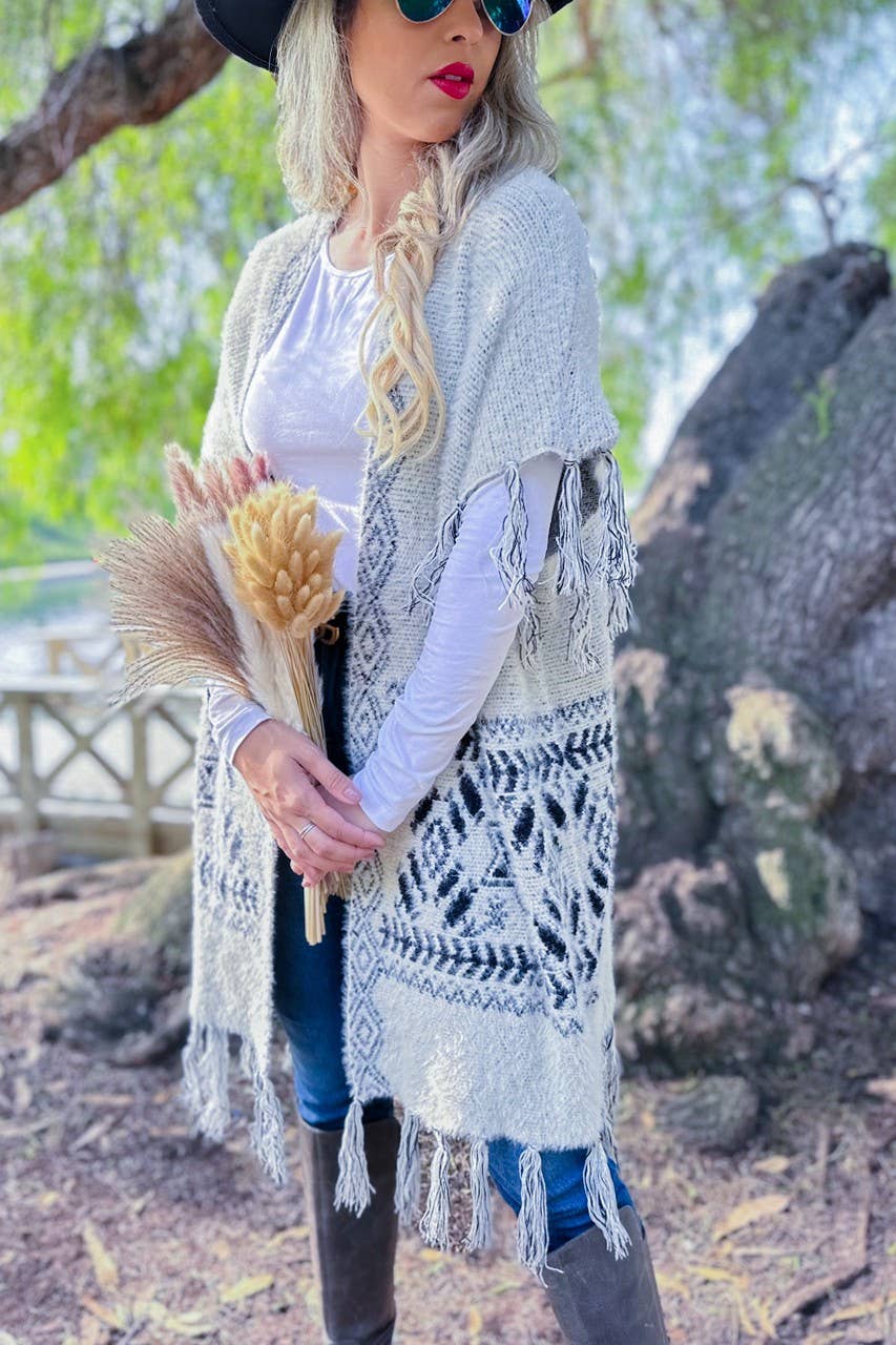 Ivory Aztec Western Tassel Trim Eyelash Knit Cardigan for wholesale on Faire5