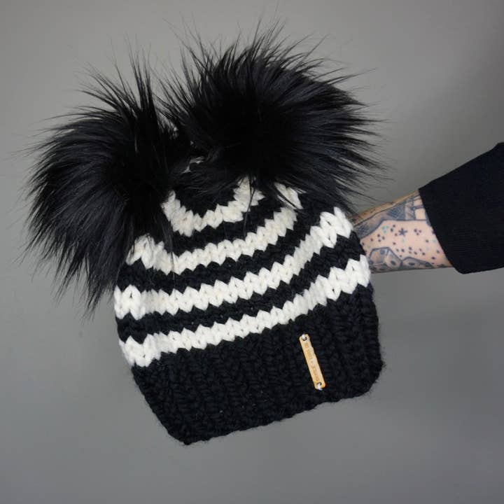 The Striped Double Pom Beanie-Fall winter 2025 warm knit hat for wholesale by Charlie & Luna Co.