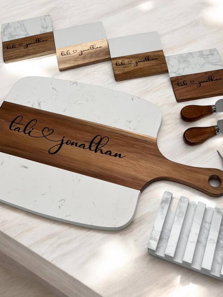 Personalized Marble Charcuterie Board with Serving Tools for wholesale by Taniri