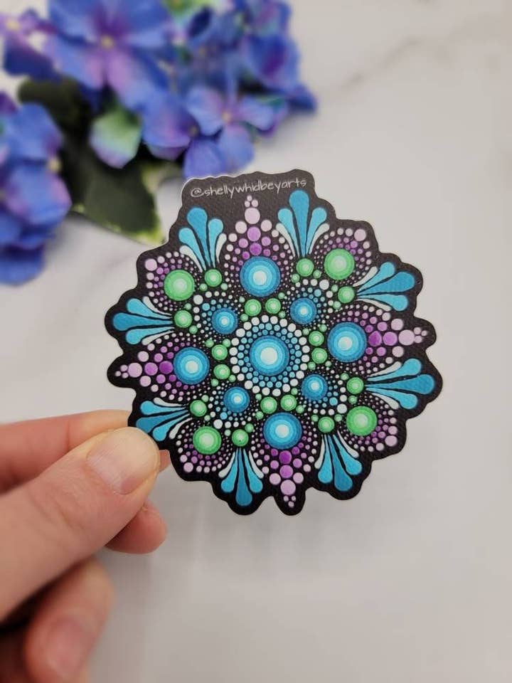 Green, Purple, and Teal Dot Mandala Sticker for wholesale by Shelly Whidbey Arts