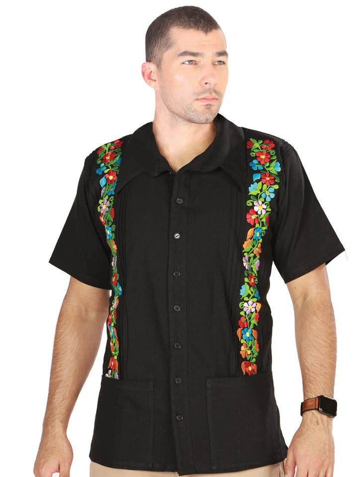 Mexican Embroidered with Flowers Shirt Guayabera 100% Cotton Black for wholesale by Conejo Western Wear