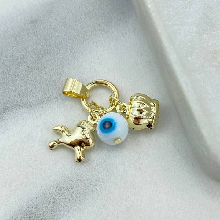 Luxus Accessories - Wholesale Individual charm/pendant - 18k Gold Filled Protection Amulet with Playful Horse, Evil Eye and Crown Charm, Protection against the Evil Eye Charm2