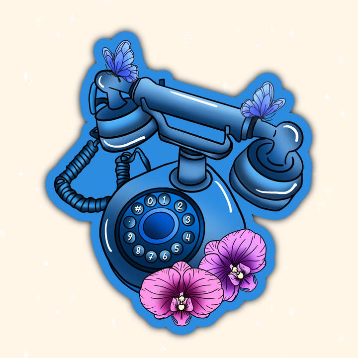 Ästhetisches blaues Telefon mit Blumenaufkleber für den Großhandel von Annie's paper studio