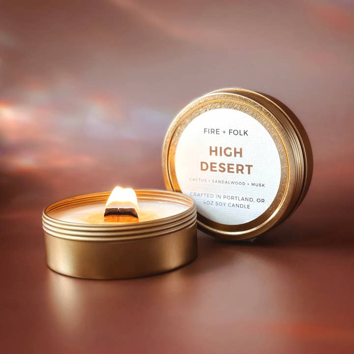 High Desert | 4oz Wood Wick Soy Candle Tin for wholesale by FIRE + FOLK