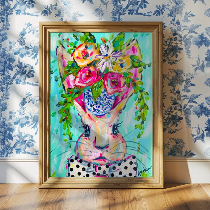 Spring Easter Wall Art, Nursery Print, Bunny Rabbit Dopamine Decor, Colorful Kids Room, Floral Art Print, Happy Poster for wholesale by Audra Style