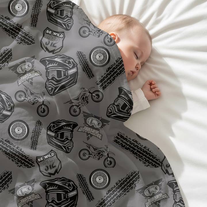 Baby Boy Soft Velveteen Grey Dirt Bike Tread Blanket 30X40 for wholesale by Rufflеѕ & Bоwtіеѕ - Affordable Boys & Girls Clothing