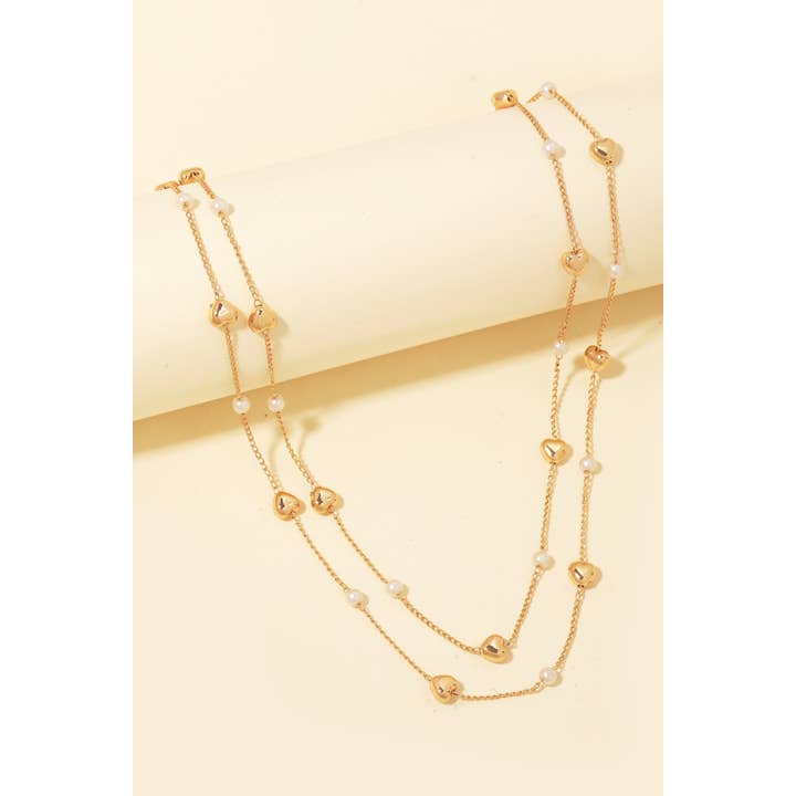 Metallic Heart And Pearl Station Chain Necklace for wholesale by Anarchy Street