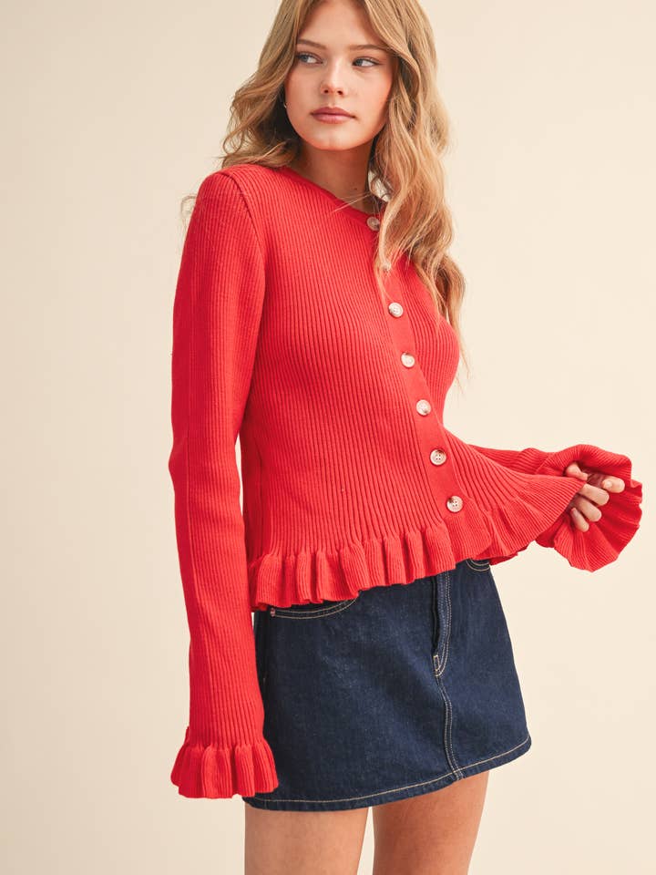 &MERCI - Wholesale Cardigan - Women's - RUFFLE HEM RIBBED KNIT SWEATER CARDIGAN MSW1124911