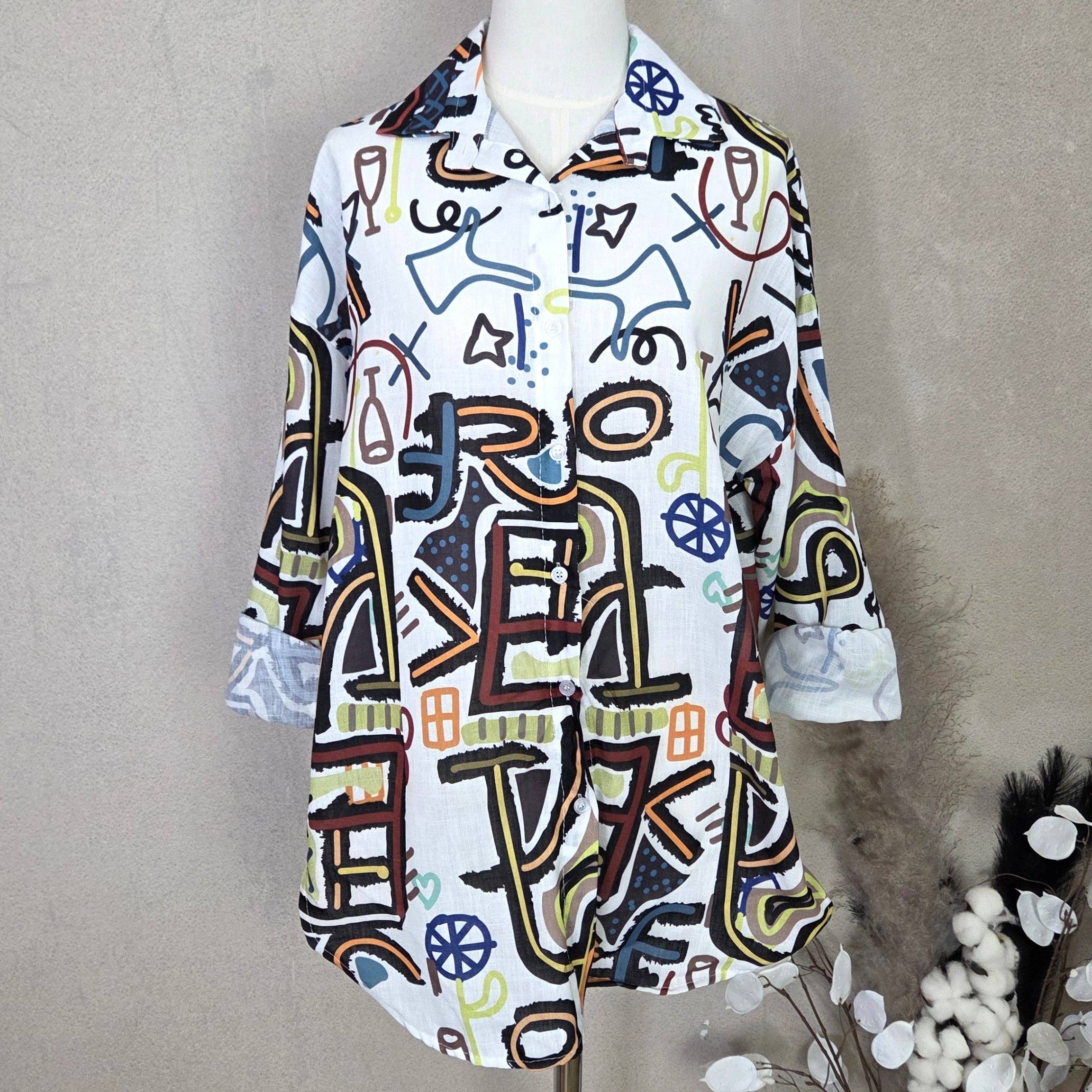 Tempest Designs – wholesale Buttoned-down shirt – Women's – Cotton mix shirt with random chaos print (M-L)1