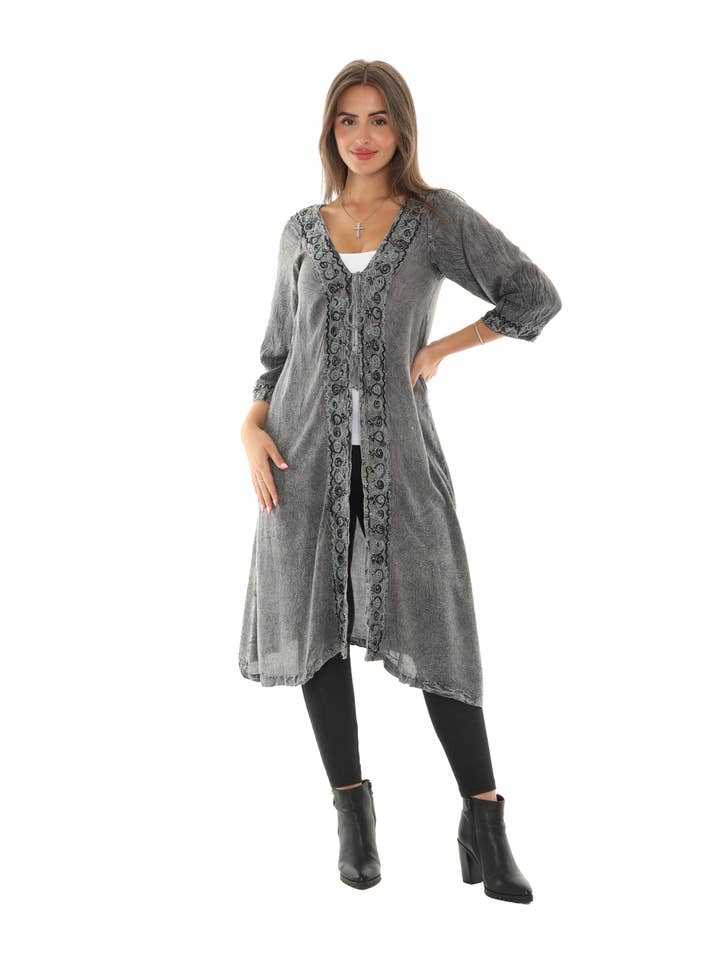 Shoreline Wear. INC - Wholesale Kimono - Women's - Sequin-Accent Embroidered Three-Quarter Sleeve Duster
