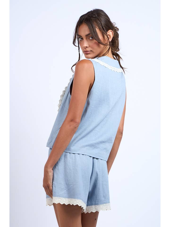 Sky to Moon - Wholesale Top & Short Set (NOT Loungewear) - Women's - WIDE COLLARED FRONT TIE LACE TRIM TOP & SHORTS SET13