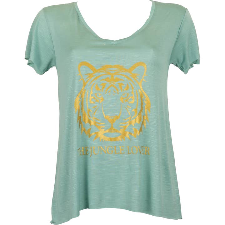 T-shirt Col V bleu vert viscose fluide imprimé tigre or pour la vente par Beau Comme Un Lundi