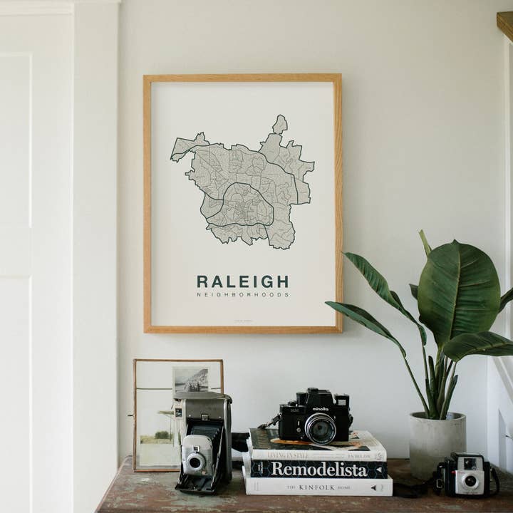 Affiche de la carte de la ville du quartier de Raleigh, en Caroline du Nord pour la vente par Native Maps