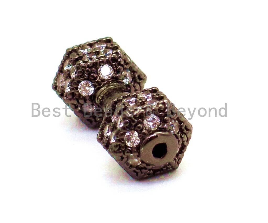 BestBeads&Beyond - Venta al por mayor Abalorios/colgantes individuales - CZ Dumbbell Clear Micro Pave Beads, cuentas espaciadoras de circonita cúbica, espaciador de barra de fitness, dijes de pulsera para hombre, 16x6mm sku #G1292