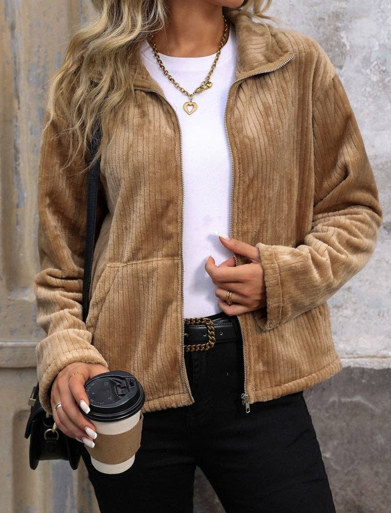 KHAKI Zip-Up Plush Jacket with Pockets for wholesale on Faire2