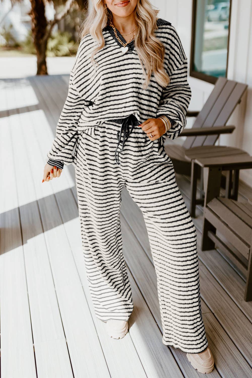 LA Society - Wholesale Lounge Set - Women's - Stripe Collared Pullover Top and Drawstring Pant Set3