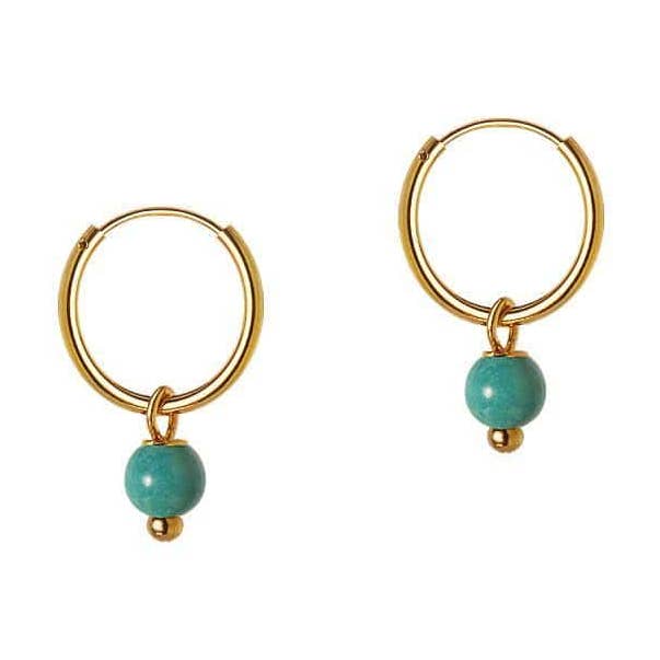 Small Gold Plated Hoop Earrings with Turquoise Blue Stone for wholesale by Juulry