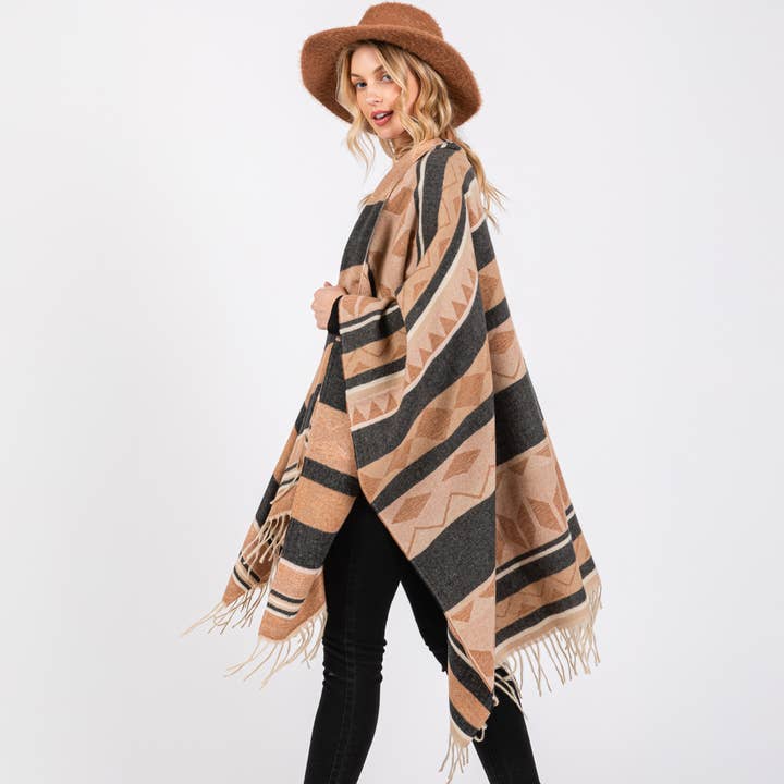Hana - Wholesale Kimono - Women's - Aztec Pattern with Fringe Ruana Winter Kimono3