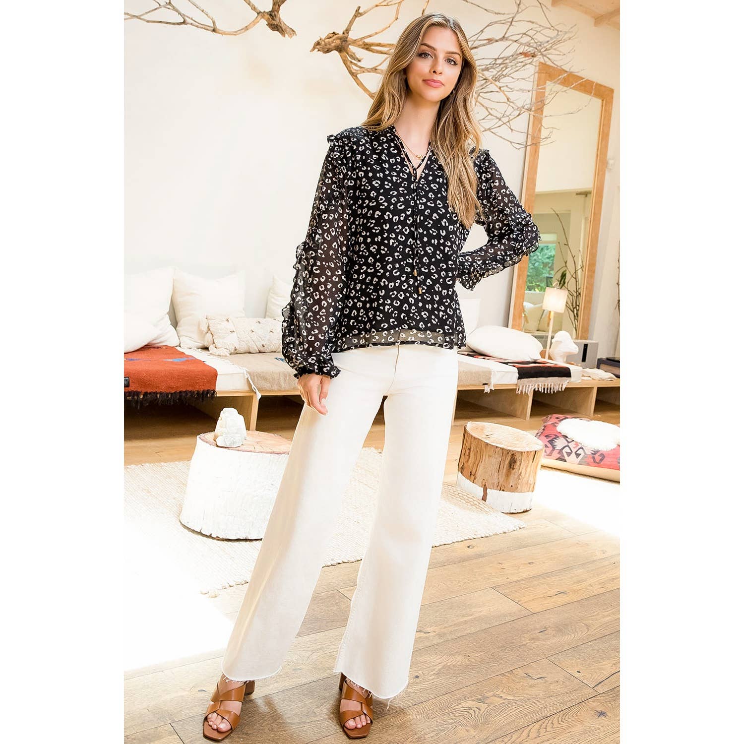 BLACK Ruffle Sleeve Leopard Print Blouse for wholesale on Faire7