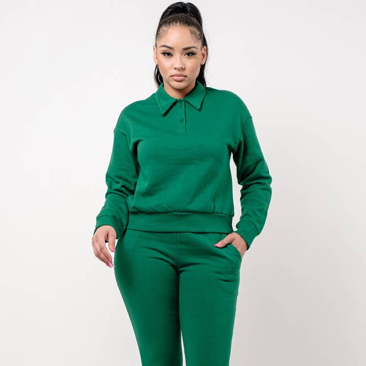 Solid Jogger Set With Collar Long Sleeve Top for wholesale by Boswell