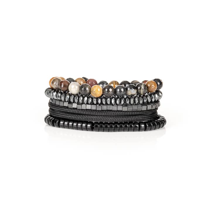 Men's Earth Tone & Hematite Beaded Bracelet Stack for wholesale by The Dark Men