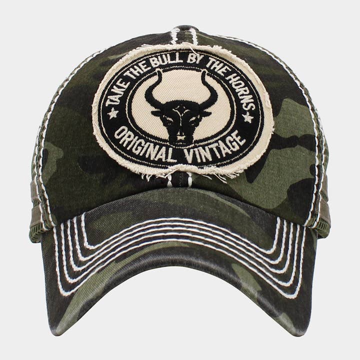 Take The Bull By The Horn Mesh Back Vintage Baseball Cap for wholesale by Sensibling Corp.