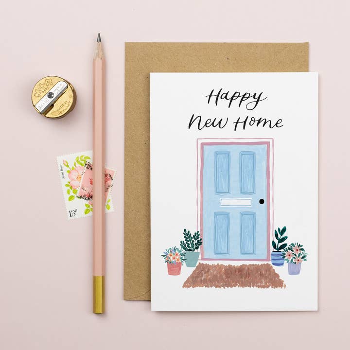 Happy New Home Blue Door Card for wholesale by Elizabeth Mugridge