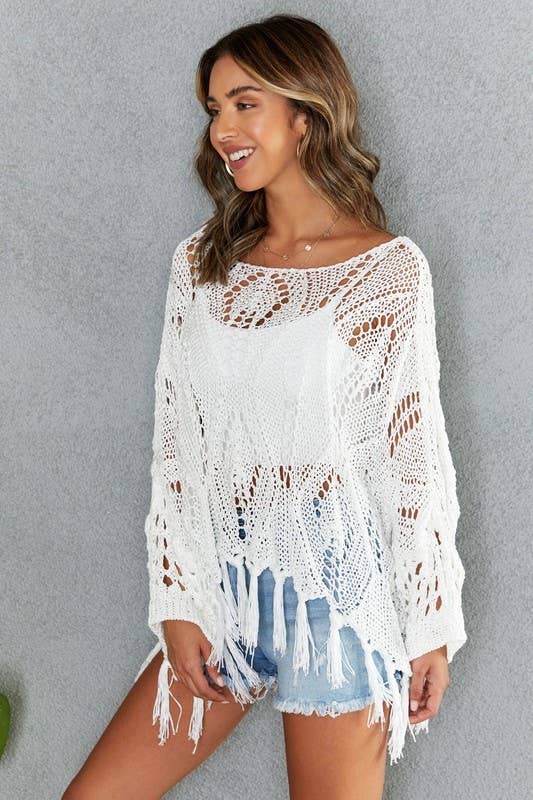 VENTI6 - Vente Poncho – femme - PONCHO COUVRE-ÉPAULES À ÉPAULES DÉTENDUES EN CROCHET AVEC FRANGES (72063)5