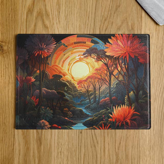 Planche à découper en verre – Oasis au lever du soleil pour la vente par Indigo Bob