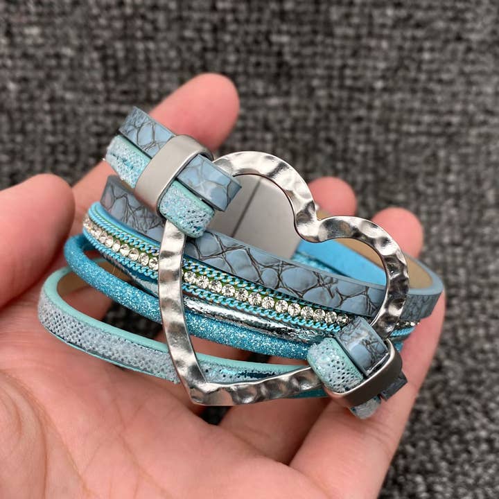 Mio Queena – Engroshandel Armbånd – Hjertecharm Rhinestone Læder Magnetisk Spænde Armbånd -LB1